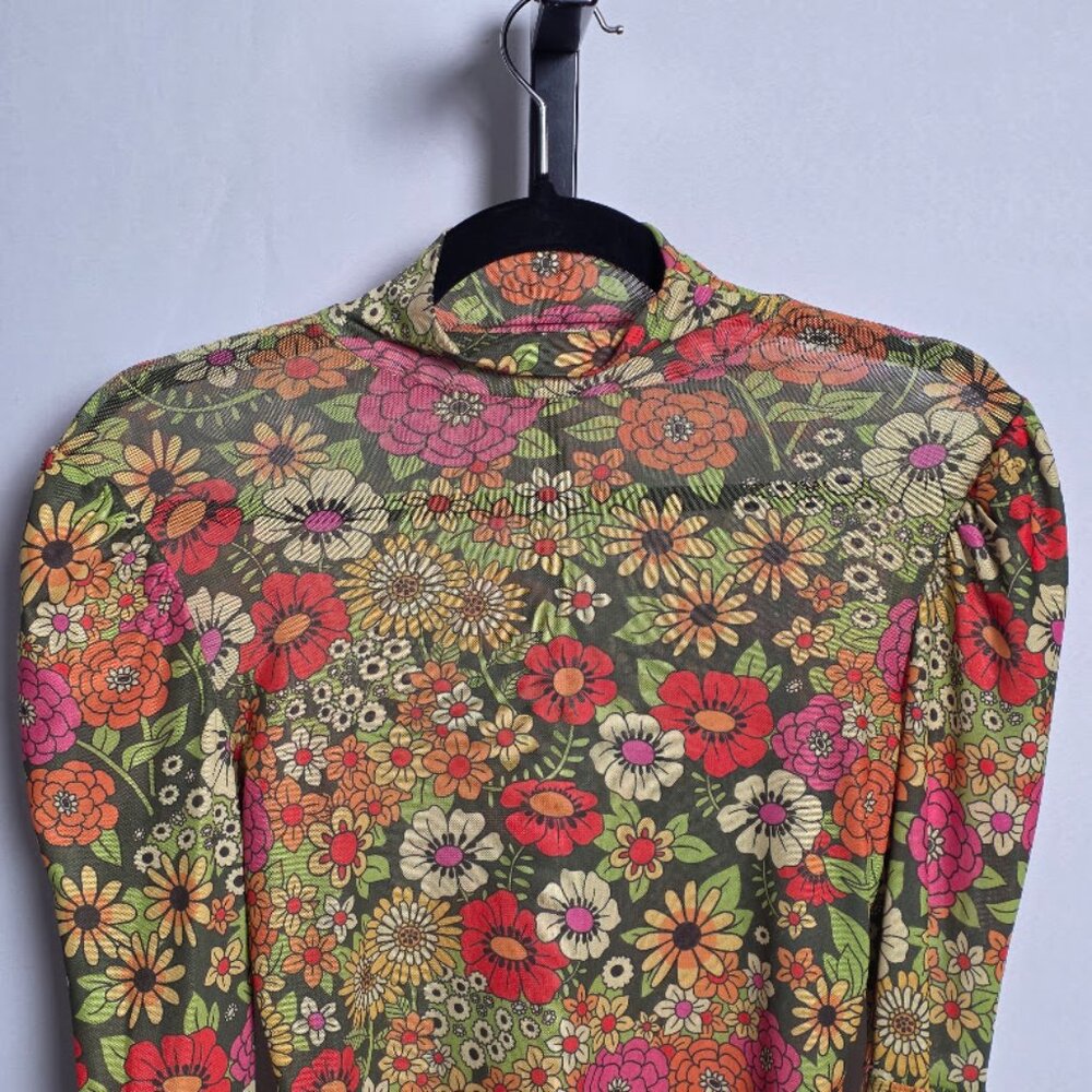 Sugar Thrillz Mesh Mini Dress Small Retro Floral 70s Bell Sleeve Mock Neck Dolls - Picture 2 of 6